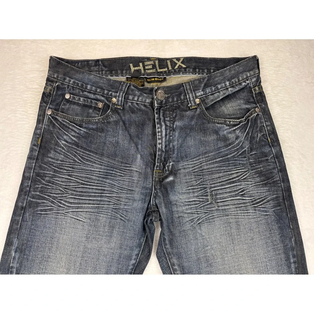 Helix Slim Mens 34x30 Bootcut Jeans Dark Wash Distress Embroidered  Cross Pocket